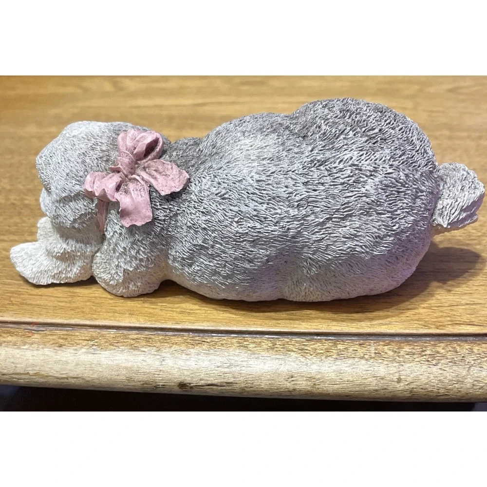 Sleeping Gray Bunny Rabbit with Pink Bow Resin Shelf Sitter Spring Nursery Room